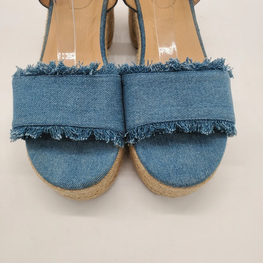 C Comfort Frayed Denim Espadrille Block Heel Platform Sandals Size 11